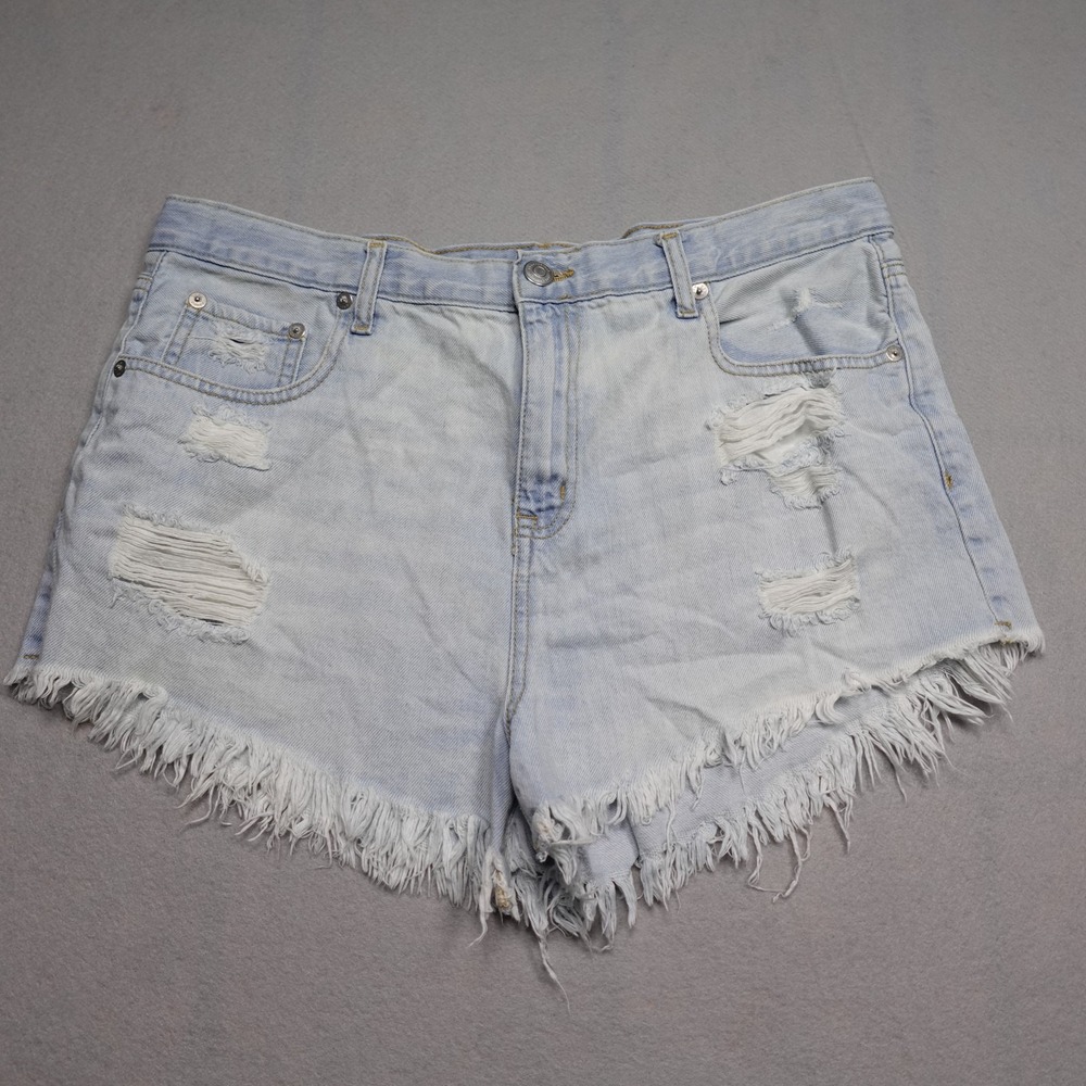 Aero Mini Shorts Womens 12 Blue High Rise Shorty Cut-Off Frayed Fringe Denim
